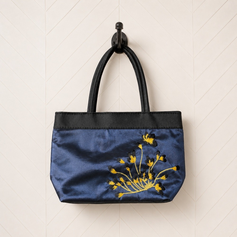 Max Grey Y2K Mini Hand Bag Floral Embroidered Navy Blue Satin Small